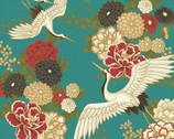 Auspicious Pattern METALLIC - Crane Floral Teal from Quilt Gate Fabric