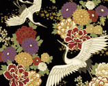 Auspicious Pattern METALLIC - Crane Floral Black from Quilt Gate Fabric