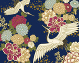 Auspicious Pattern METALLIC - Crane Floral Dk Blue from Quilt Gate Fabric