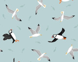 Small Things Coastal - Puffins and Gulls Duck Egg from Lewis and Irene Fabric