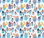 Garden Cats - Teacups Cats Blue by Terry Runyan from Benartex Fabrics