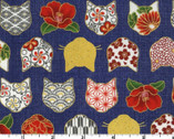 Hyakka Ryokan - Hana and Neko Cat Floral Blue from Quilt Gate Fabric