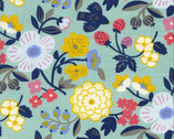 Sopo Retro - Flower Birds Berries OXFORD Aqua from Kokka Fabric