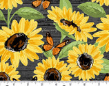 Sunflower Meadow - Large Sunflowers Butterfly Black from Andover Fabrics