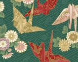 Hyakka Ryokan Kakuju - Paper Cranes Green Teal Metallic from Quilt Gate Fabric