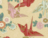 Hyakka Ryokan Kakuju - Paper Cranes Cream Metallic from Quilt Gate Fabric