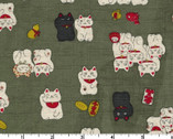 Happy - Cats DOBBY Olive Green from Kokka Fabric