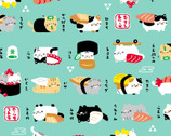 Wa Monogatari DOBBY - Cats Sushi Aqua from Cosmo Fabric