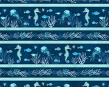 Underwater Wonders - Repeating Stripes Sea Creatures Blue from Wilmington Prints Fabric