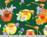 Honey Flower - Honey Jars Floral Bees Forest Green from Robert Kaufman Fabrics