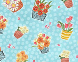 Enjoy the Journey - Floral Pots Aqua by Paula Joerling from Henry Glass Fabric