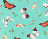 Poppy Perfection - Butterfly Floral Toss Aqua by Jan Shasky from Henry Glass Fabric