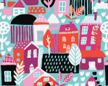 Neighbourhood - Homes Trees Aqua by Cotton Flower Studio from Camelot Fabrics
