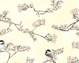 A Little Birdie Told Me - Birds Floral Branch Sunny Metallic from Hoffman Fabrics