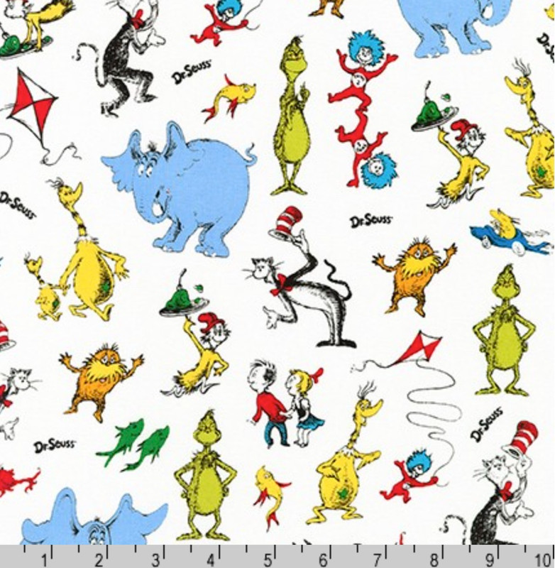 Celebrate Seuss Characters White By Dr Seuss From Robert Kaufman Fabric Jaqs Fabrics