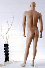 In this full body rear view photo, naked mannequin Alex, stands with his left leg slighly forward along with his left arm while his right remains back - both at about hip level.  Mannequin Alex can be displayed with or without a wig / hairpiece.  Glass stand and support hardware included.