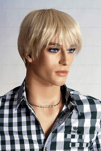 In this closeup, mannequin Alex is wearing a short blond wig / hairpiece with a open plaid shirt and chain.  Mannequin Alex can be displayed with or without a wig / hairpiece.  Glass stand and support hardware included.