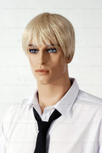 In this closeup, mannequin Alex is wearing a short blond wig / hairpiece,white long-sleeved shirt with tie.  Mannequin Alex can be displayed with or without a wig / hairpiece.  Glass stand and support hardware included.