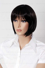 In this closeup, mannequin Emily is wearing a short dark brunette wig along with a white blouse. With pierced ears, mannequin Emily can display earrings and jewelry.  Pedestal included.