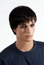 In this closeup, mannequin Roger sits upright wearing a short dark brunette wig / hairpiece.  Mannequin Roger can be displayed with or without a wig / hairpiece.  Pedestal included (sunglasses not).