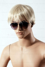 In this closeup, mannequin Roger sits upright wearing a short blond wig / hairpiece.  Mannequin Roger can be displayed with or without a wig / hairpiece.  Pedestal included (sunglasses not).