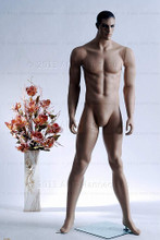 In this full body view photo, mannequin Matt stands with his legs apart in an even stance, with both hands almost straight down at hip level.  Mannequin Matt can be displayed with or without a wig / hairpiece.  Glass stand and support hardware included.