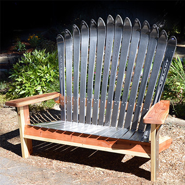 Adirondack Ski Bench made up entirely of Volant skis and varnished redwood.