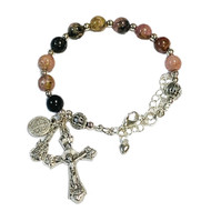 Rosary Bracelet, Rhodonite with silver findings, crucifix, Infant of Prague, & St. Benedict Medal
