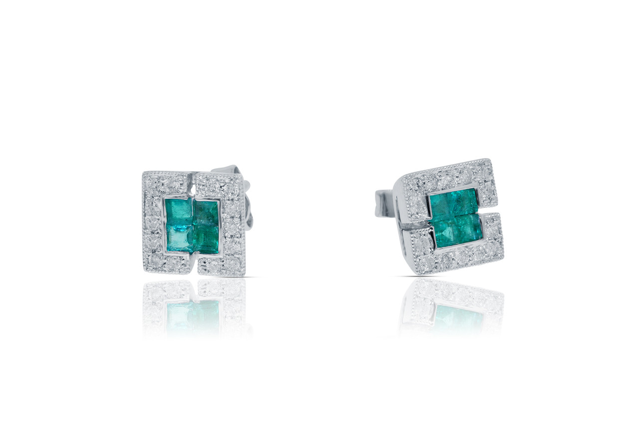 14k White Gold Emerald And Diamond Stud Earrings Best Price From