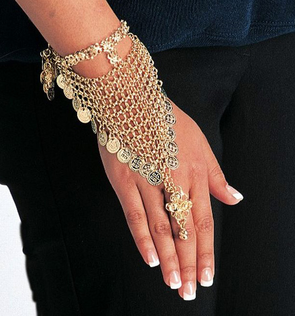 Belly Dance Slave Bracelet With Mesh, Coins & One Ring Gold or Silver