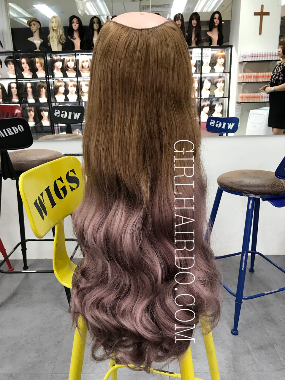 Crown Round Shape Hair Extensions Light Brown Ombre Pastel Pink