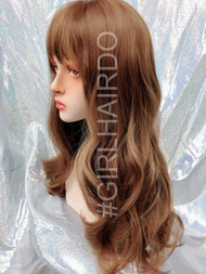 G8201 honey brown highlights curly wig with bangs