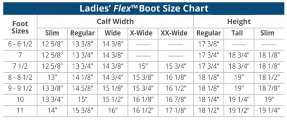 Ovation Flex Plus Field Boot Size Chart