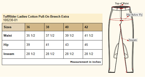 TuffRider Cotton Pull On Breeches Size Chart