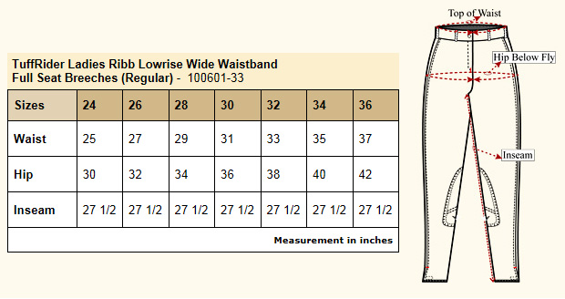 TuffRider Ribb Low Rise Wide Waistband Full Seat Breeches Size Chart