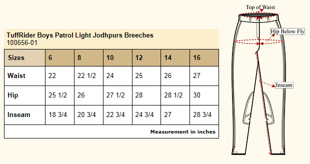 TuffRider Boys Patrol Light Jodhpurs Size Chart