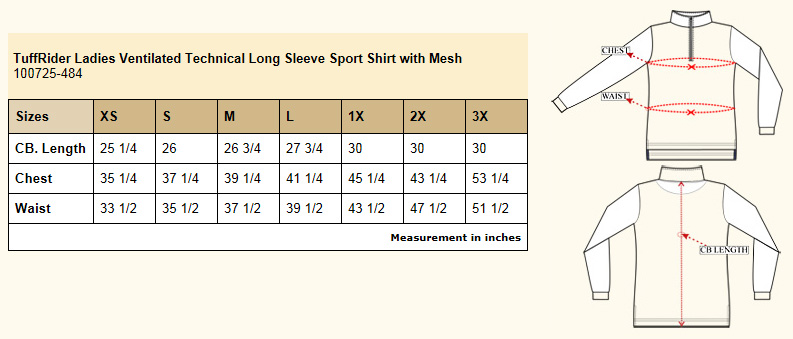 TuffRider Ventilated Technical Sport Shirt Size Chart