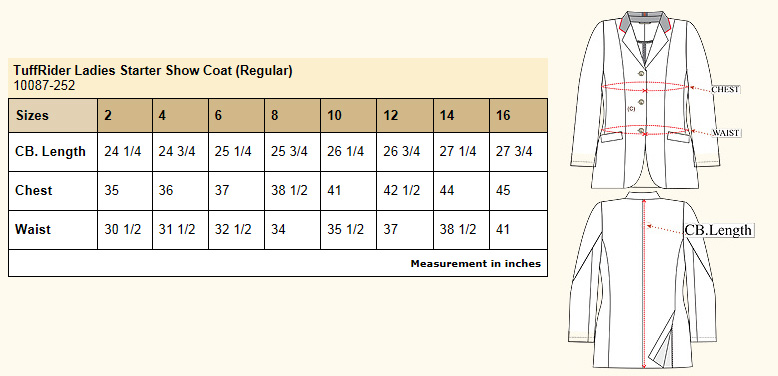 TuffRider Ladies Starter Show Coat Size Chart