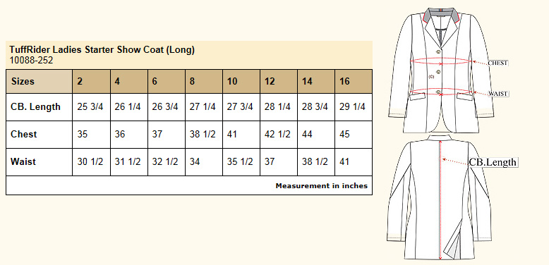 TuffRider Ladies Starter Show Coat Size Chart