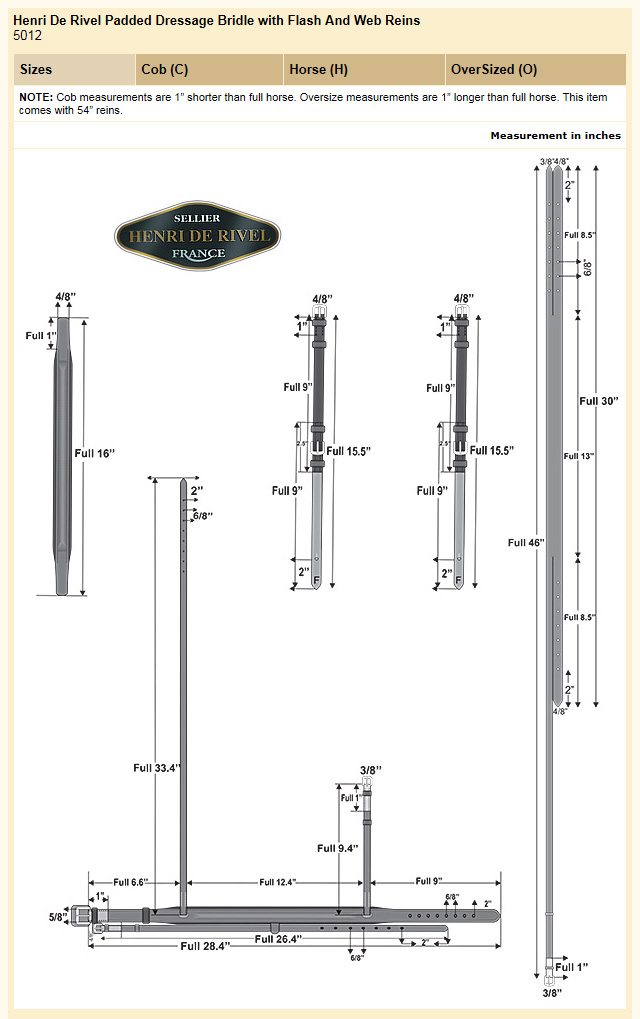 HDR Padded Dressage Bridle Size Chart