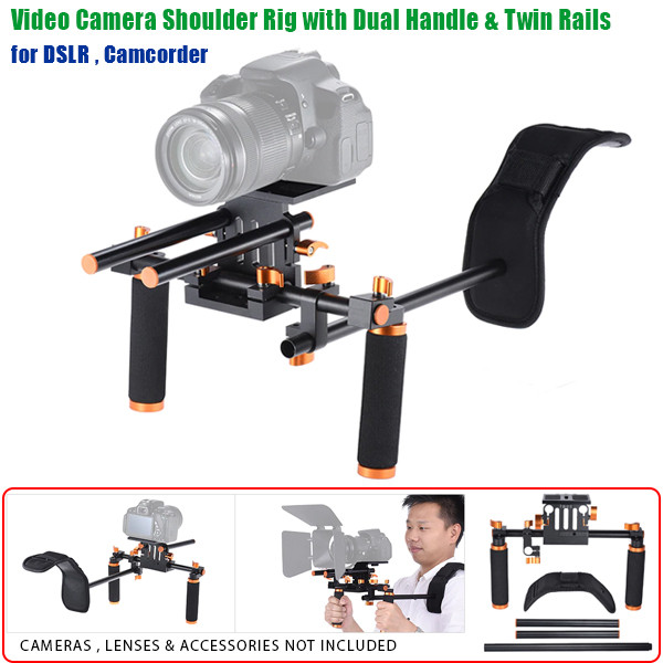 Fotolux Aluminum Video Camera Shoulder Rig Stabilizer with Dual Handle & Twin Rails for DSLR