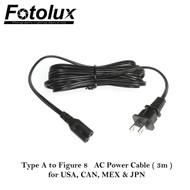 Fotolux Type A 2 flat pins to Figure 8 AC Power Cable (3m long)