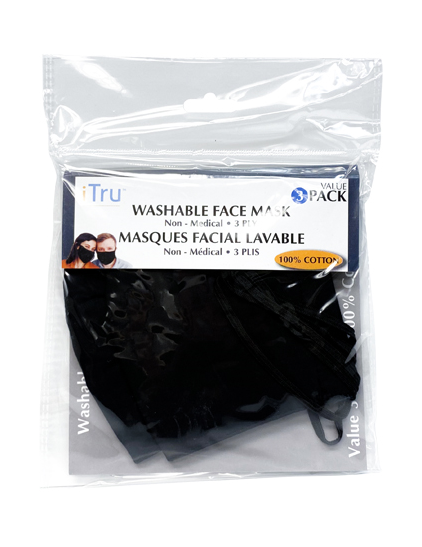 Black Washable 3-Ply Face Masks Made From 100% Cotton with Filter Pocket 3 Pack