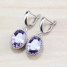 Classic Amethyst Drop Earrings Sterling Silver Plated Oval Opal Topaz  UK+Bag