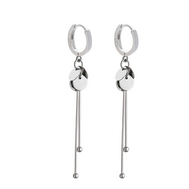 Silver Drop Dangle Earrings Double Disc/Circle Long Tassel With Beads 65mm