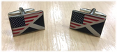 The flags of The USA and Scotland combined on a cufflink.