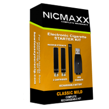 NICMAXX classic mild flavor rechargeable electronic cigarette kit with battery, charger, and two cartridges. 
