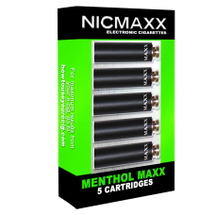 Five Pack of NICMAXX "menthol maxx" flavored electronic cigarette cartridges in neon green packaging.