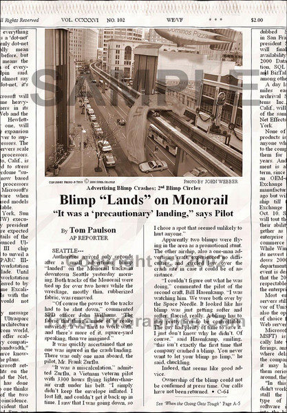 Fake Joke Newspaper Article BLIMP "LANDS" ON MONORAIL