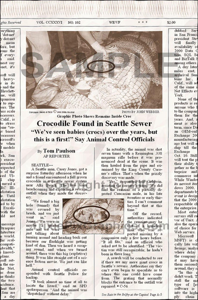 Fake Joke Newspaper Article CROCODILE FOUND IN SEATTLE SEWER